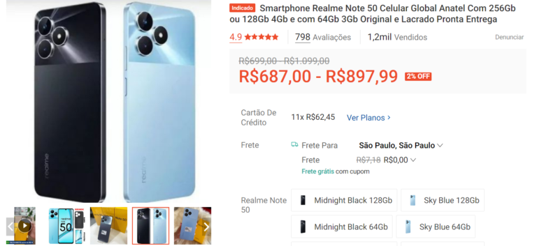 Smartphone Realme Note 50 com 256 GB
